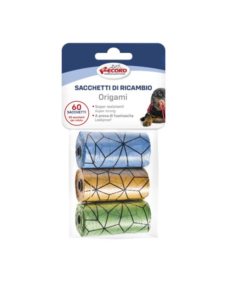 Sacchetti igienici per cani Origami, 3 rotoli/60 sacchetti 27x30 cm