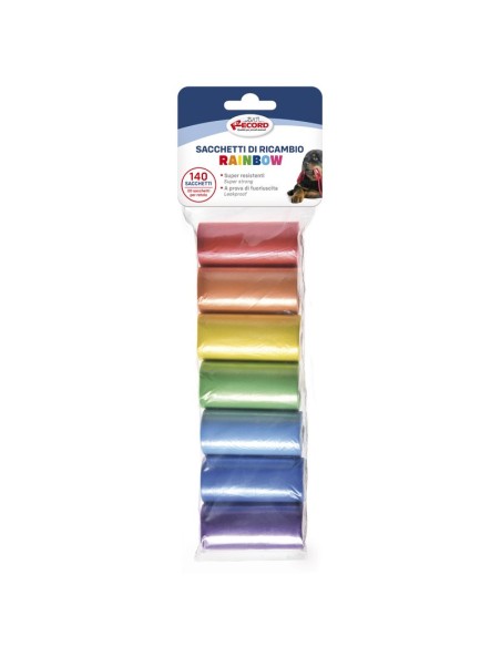 Sacchetti igeinici per cani Rainbow mini, 7 rotoli/140 sacchetti 26x20 cm