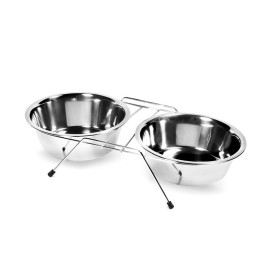 Ciotola doppia in acciaio con supporto in metallo dotato di piedini in gomma antiscivolo
