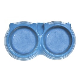 Ciotola doppia bamboo Ø 23 cm cad. a forma di musetto gatto, Gommini antiscivolo