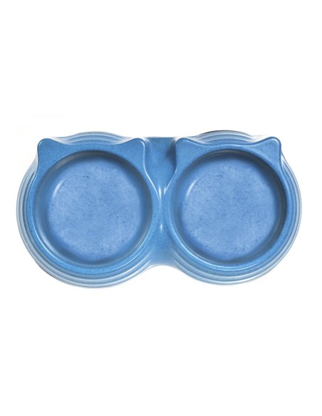 Ciotola doppia bamboo Ø 23 cm cad. a forma di musetto gatto, Gommini antiscivolo