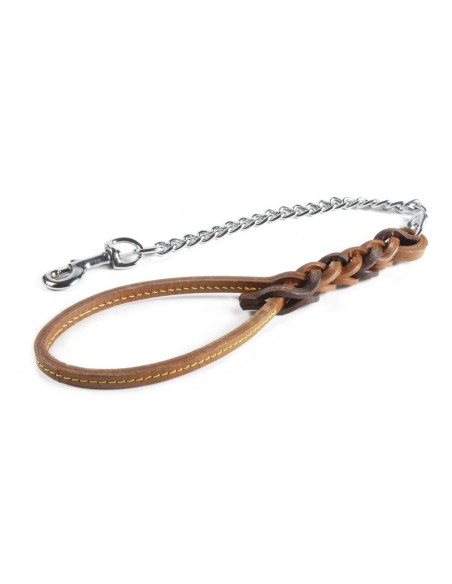 Triple plait leather leash with 60 cm steel chain - Record