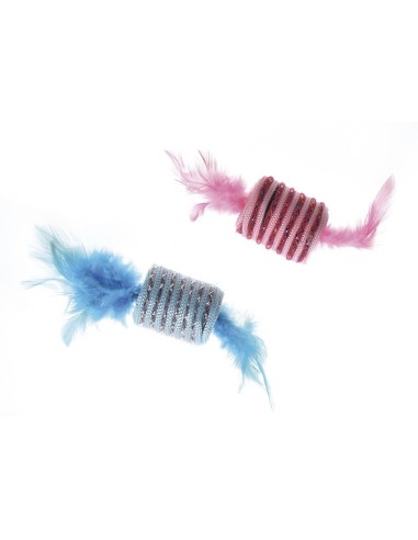 Pair of pink and light blue cylinders with feathers for cats 6 pcs - Record